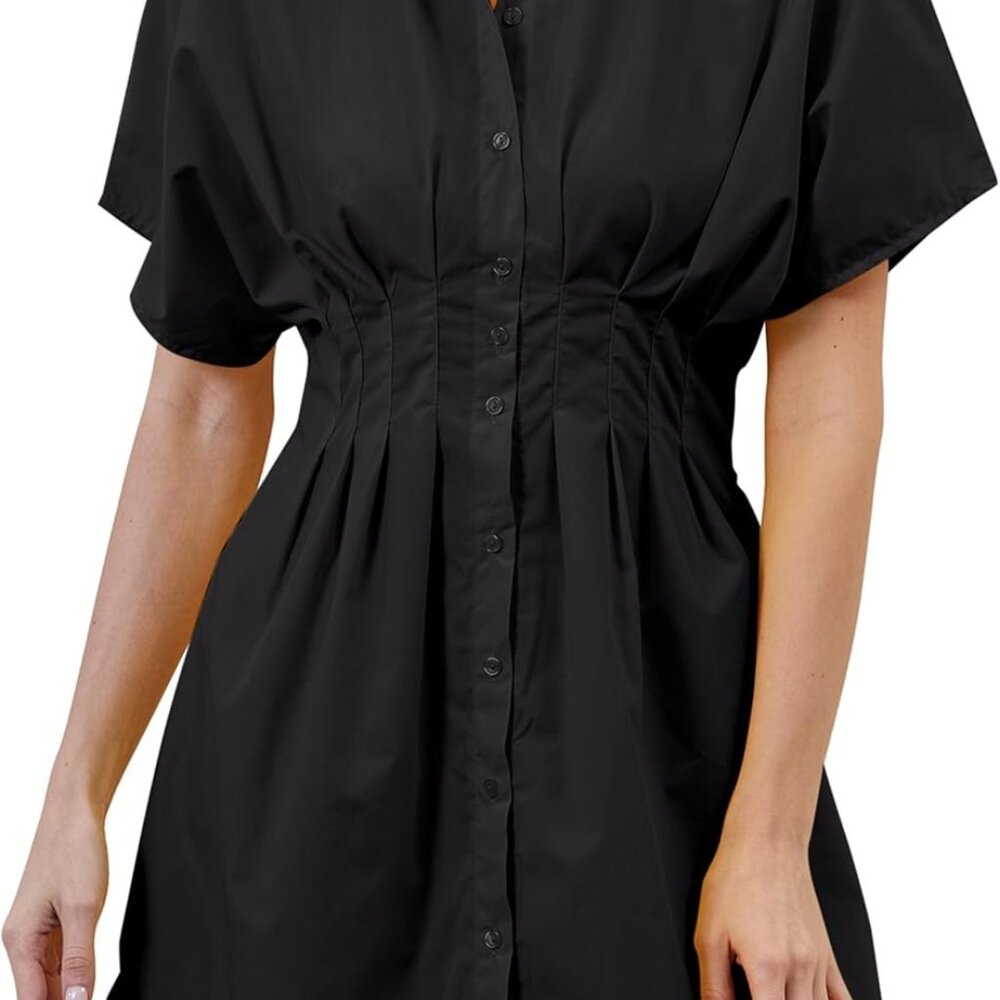 Womenâs Cotton Pleated Button-Front Shirt Dress Mini Casual Summer